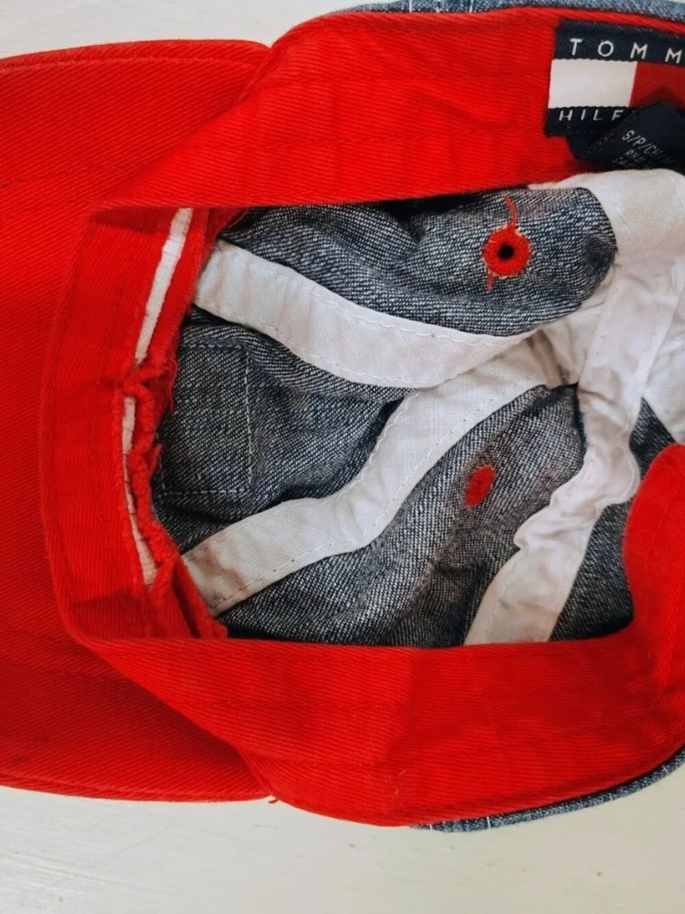 Vintage 1990s TOMMY HILFIGER Blue/Red Denim Cap For Infant/Toddler Hat EUC